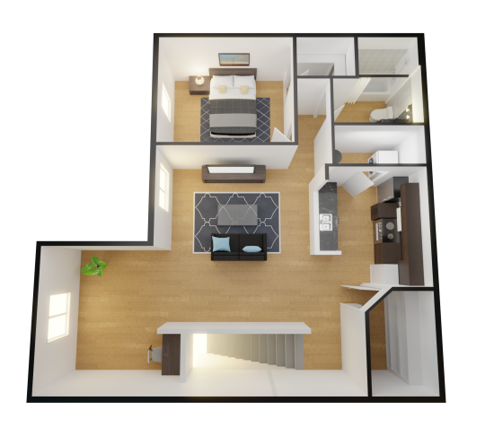 a 3d rendering of a two bedroom apartment at The Alpine Studios