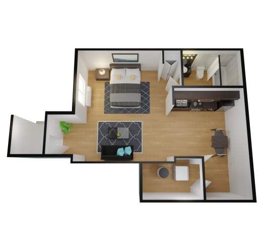 a 3d rendering of a bedroom and living room at The Alpine Studios