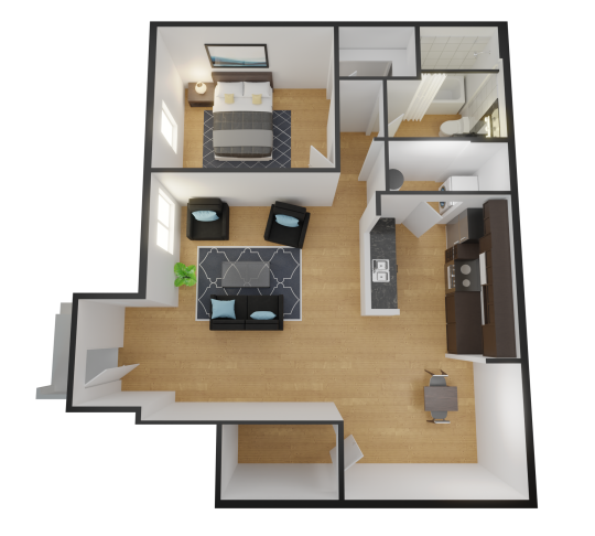 a 3d rendering of a two bedroom apartment at The Alpine Studios