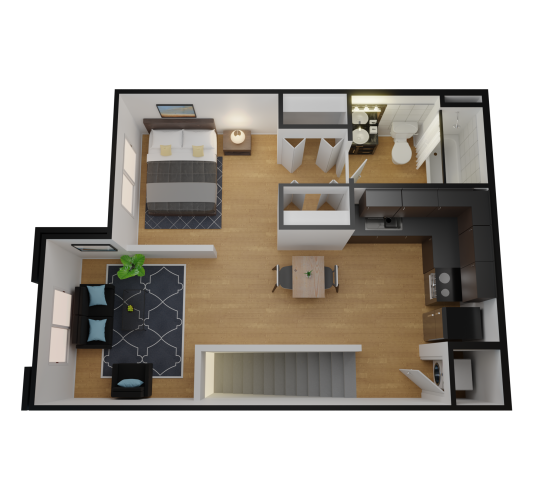 a 3d rendering of a two bedroom apartment at The Alpine Studios