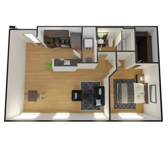 a 3d rendering of a two bedroom apartment at The Alpine Studios