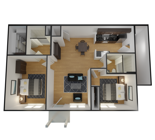 a 3d rendering of a two bedroom apartment at The Alpine Studios