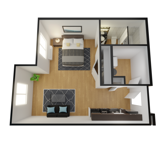 a 3d rendering of a bedroom and living room at The Alpine Studios