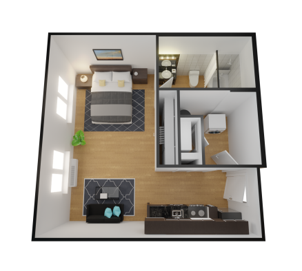 a 3d rendering of a bedroom and bathroom at The Alpine Studios