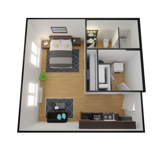 a 3d rendering of a bedroom and bathroom at The Alpine Studios