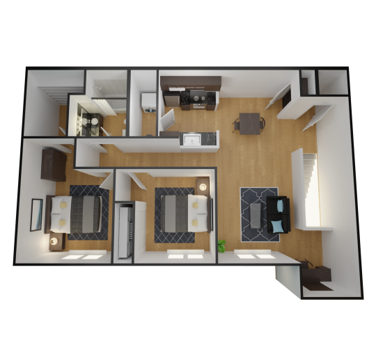 a 3d rendering of a two bedroom apartment at The Alpine Studios