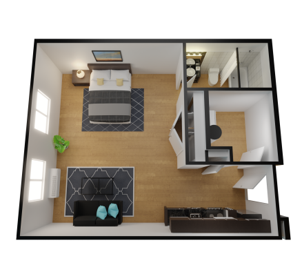 a 3d rendering of a bedroom and living room at The Alpine Studios