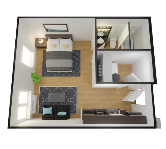 a 3d rendering of a bedroom and living room at The Alpine Studios